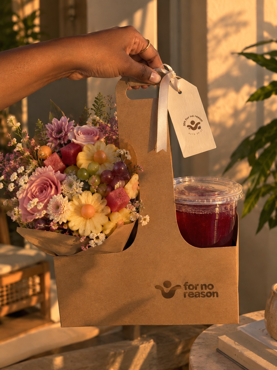A hand holding the For No Reason carrier in golden light, a fruit and flower bouquet on one side and a cup of zobo on the other